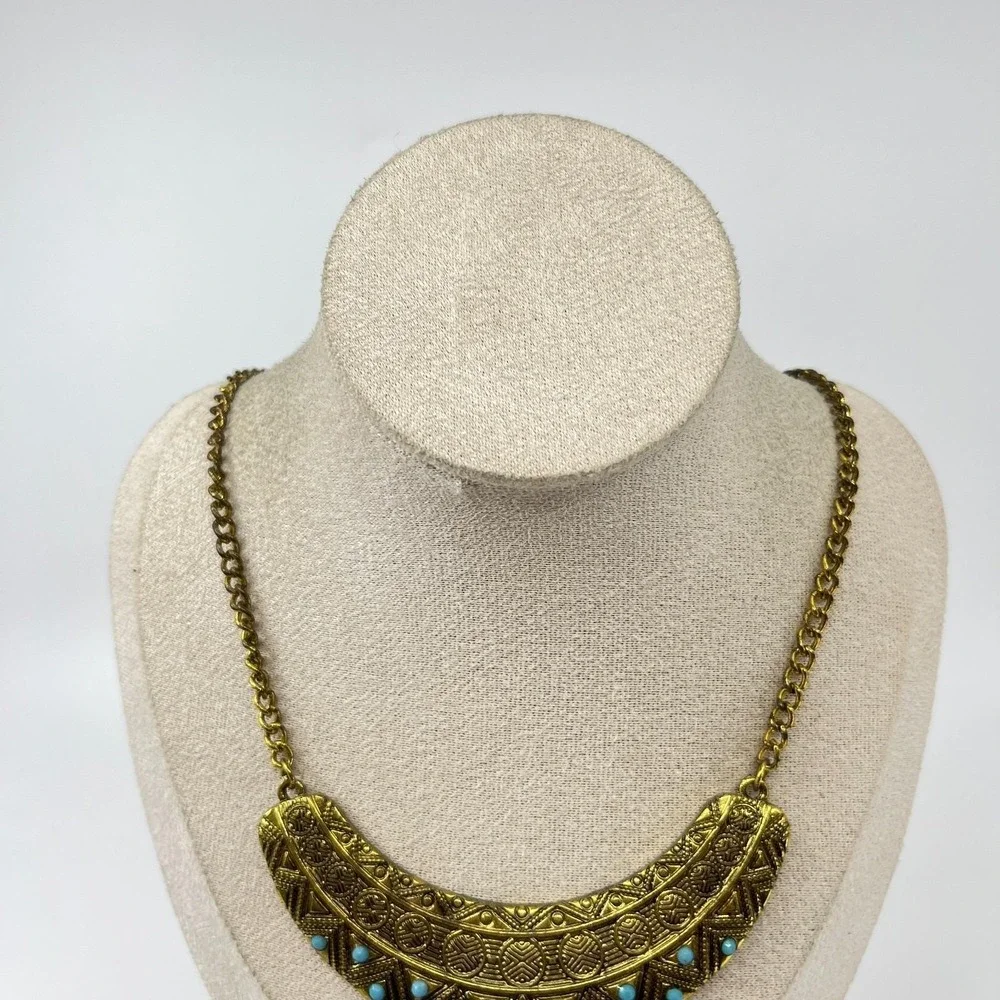 VTG Retro Antique Gold Tone Bib Statement Necklace Boho Turquoise‎ Color Accents